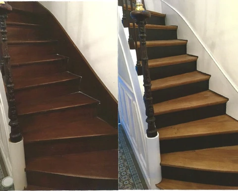Escalier intérieur en bois avant et après rénovation, vue comparative côte à côte