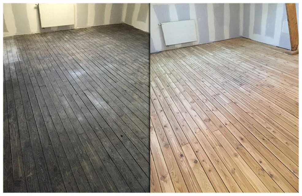 Intérieur résidentiel montrant une rénovation de parquet en bois