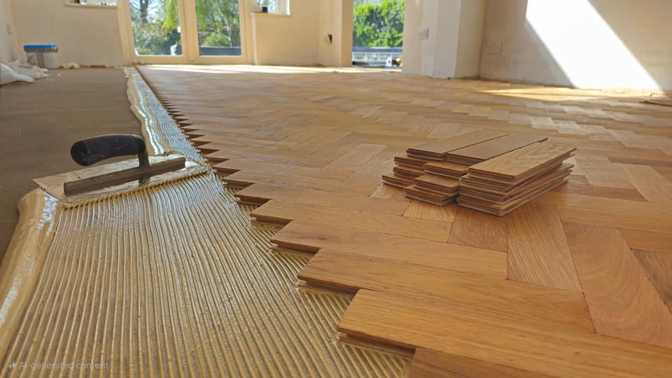 Sc&egrave;ne d'atelier de r&eacute;novation avec parquet en bois ancien d&eacute;mont&eacute; et &eacute;parpill&eacute; sur sol poussi&eacute;reux