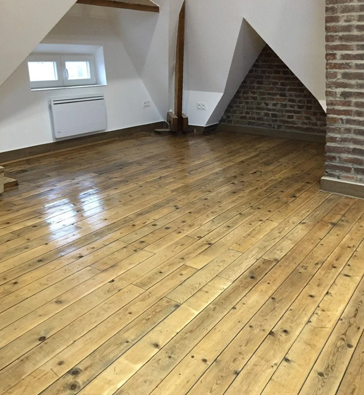 Intérieur résidentiel avec parquet en bois clair à motifs géométriques complexes formant des étoiles et losanges
