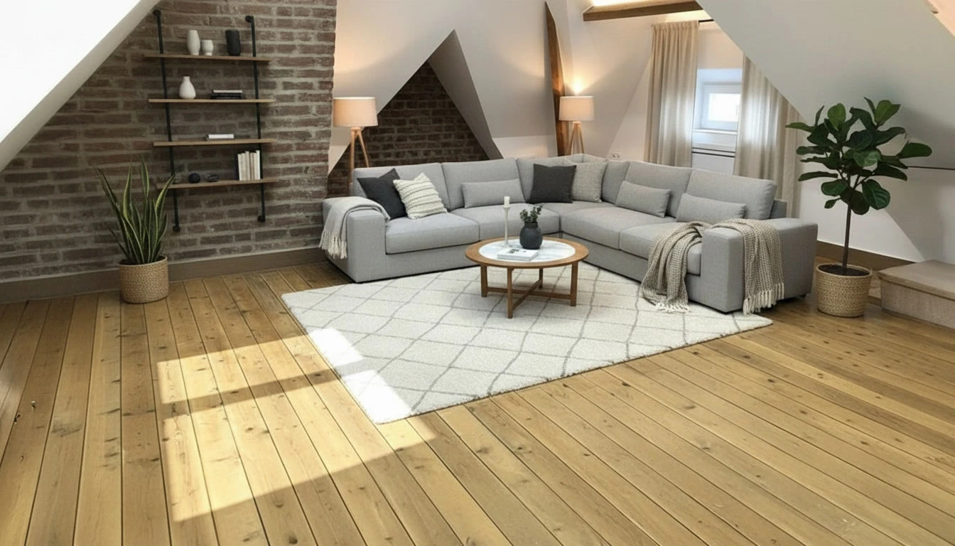 Intérieur résidentiel avec sol en parquet massif disposé en motif chevron ou point de Hongrie