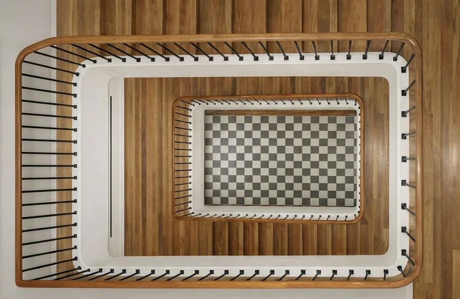 Escalier courbe en bois naturel avec marches en chêne massif et contremarches assorties